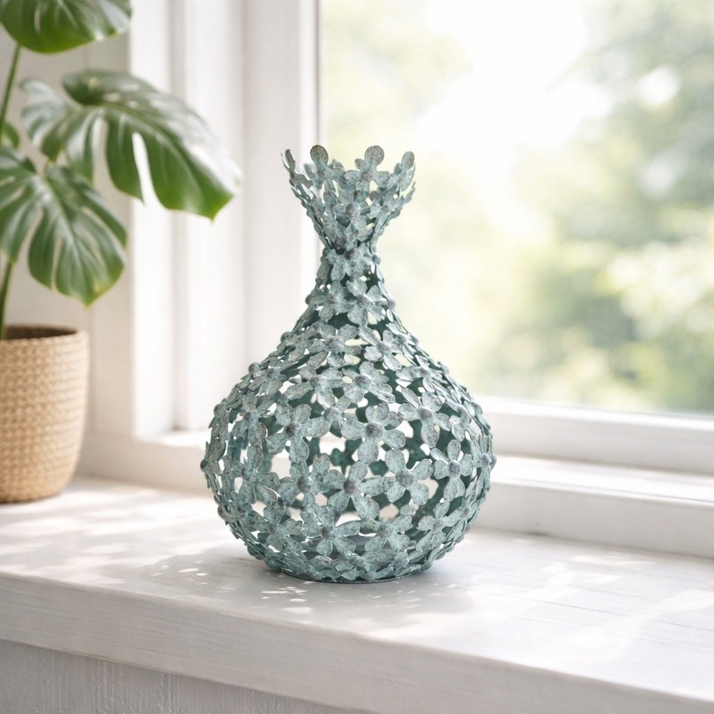 Verdigris Metal‎ 3D Floral Cutout Wabi-sabi Vase Patina Flower Teal Filigree